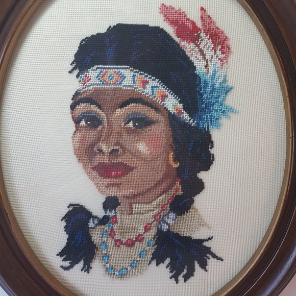 Vintage Petit Point Framed Artwork Indigenous Native American Man Woman Canadian - Picture 10 of 16
